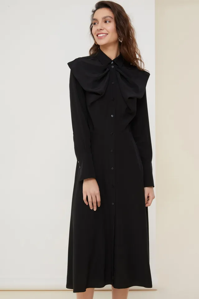 Patou DR050 robe midi soie noire col nœud 34-44