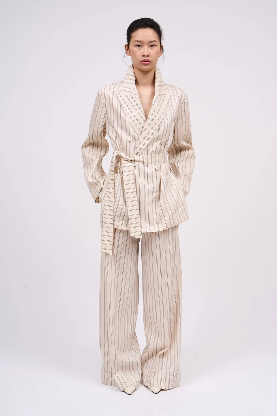 Paul & Joe Bagnolet pantalon rayé tencel lin beige clair