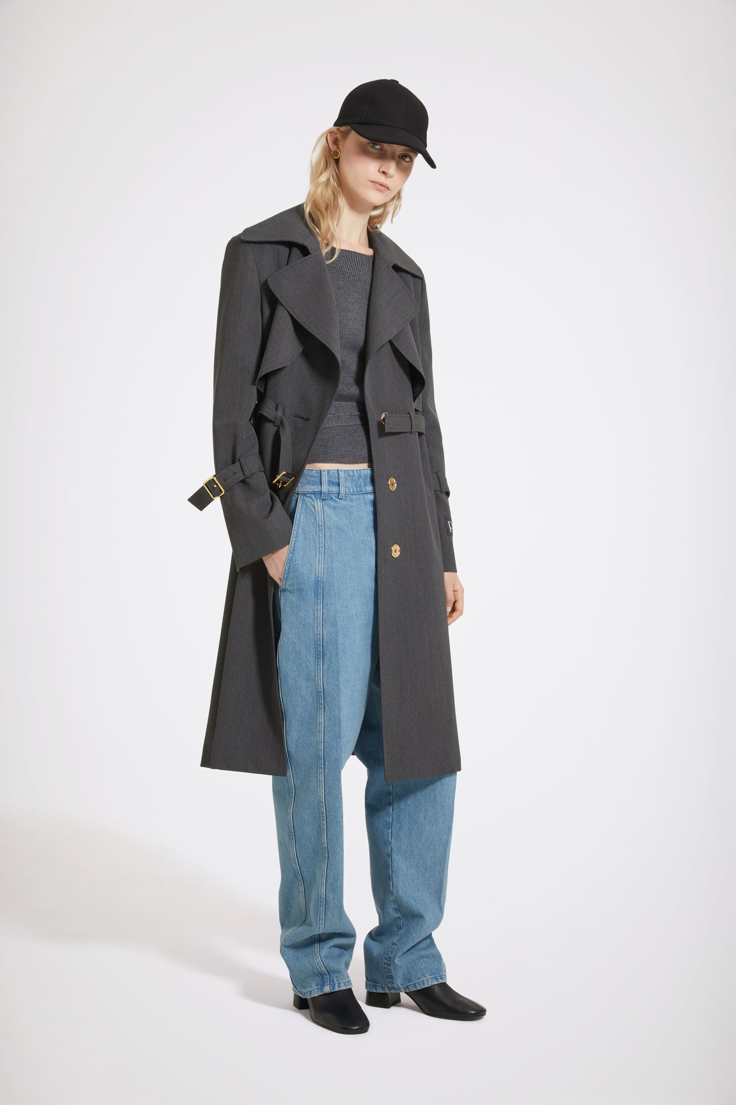 Patou OU025 trench anthracite twill laine ceinturé genou