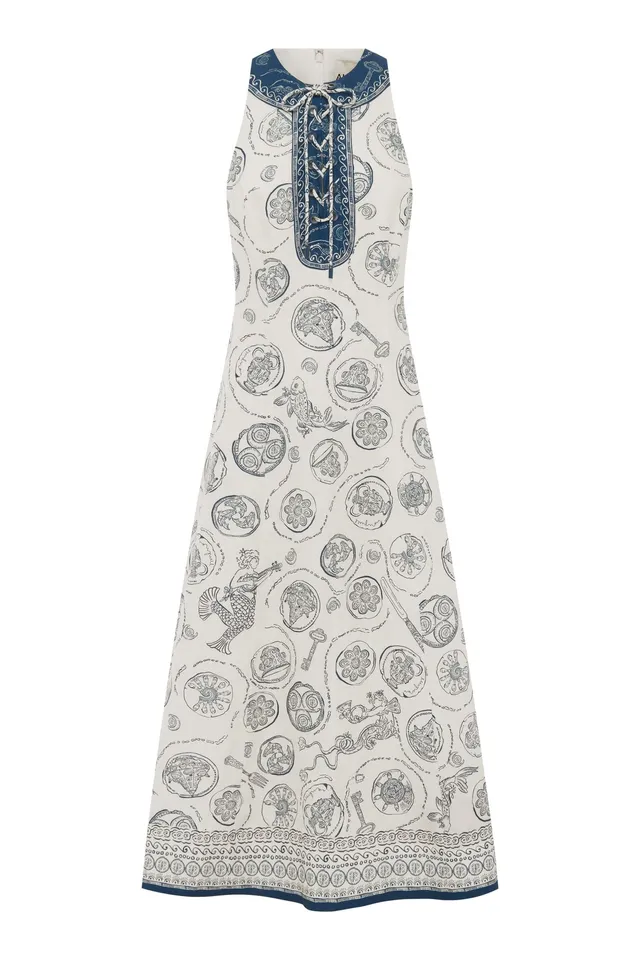 Alemäis Lucky robe midi en lin laçage imprimé nautique
