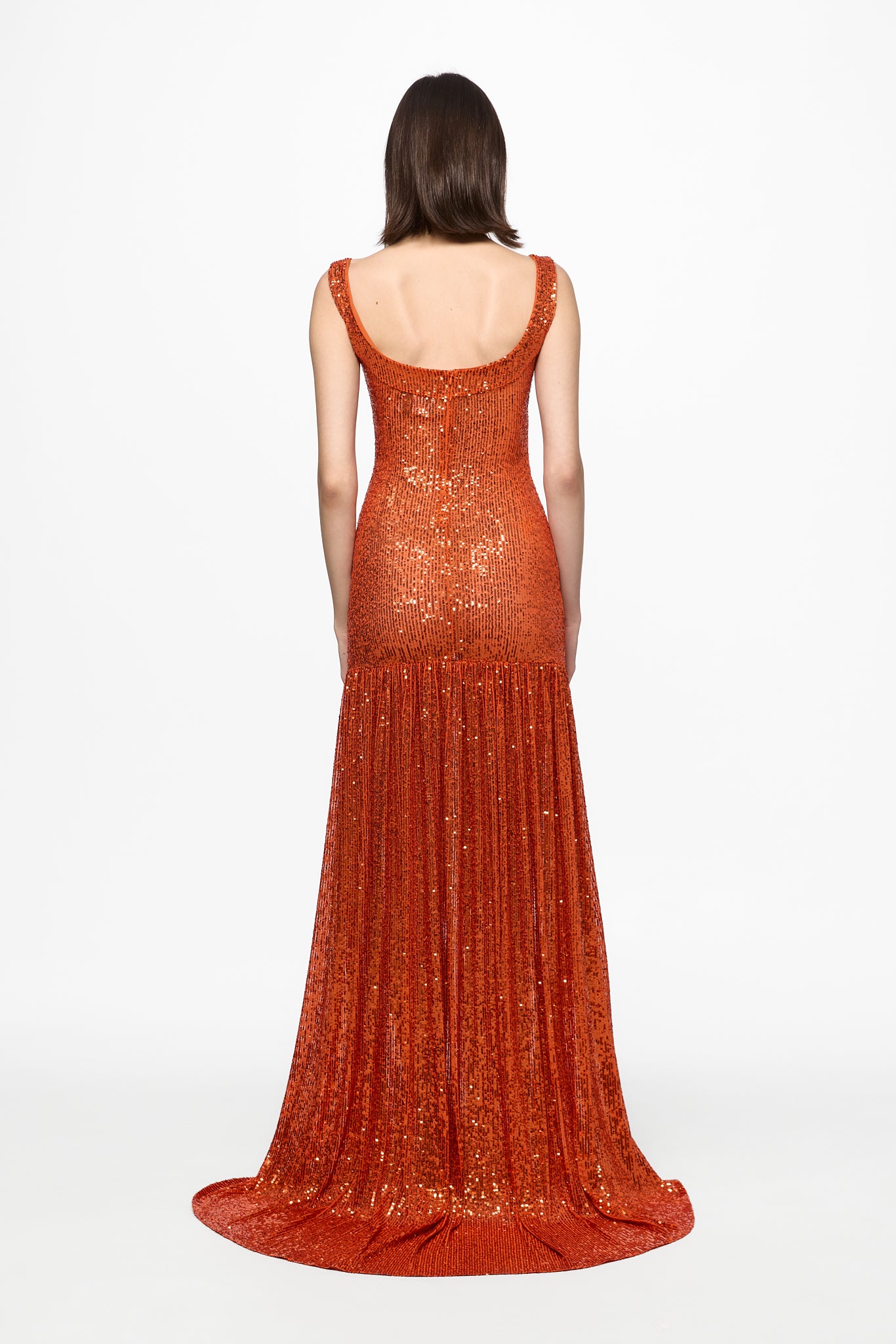 ATU Body Couture Sequins and Feathers robe maxi orange plumes taille S