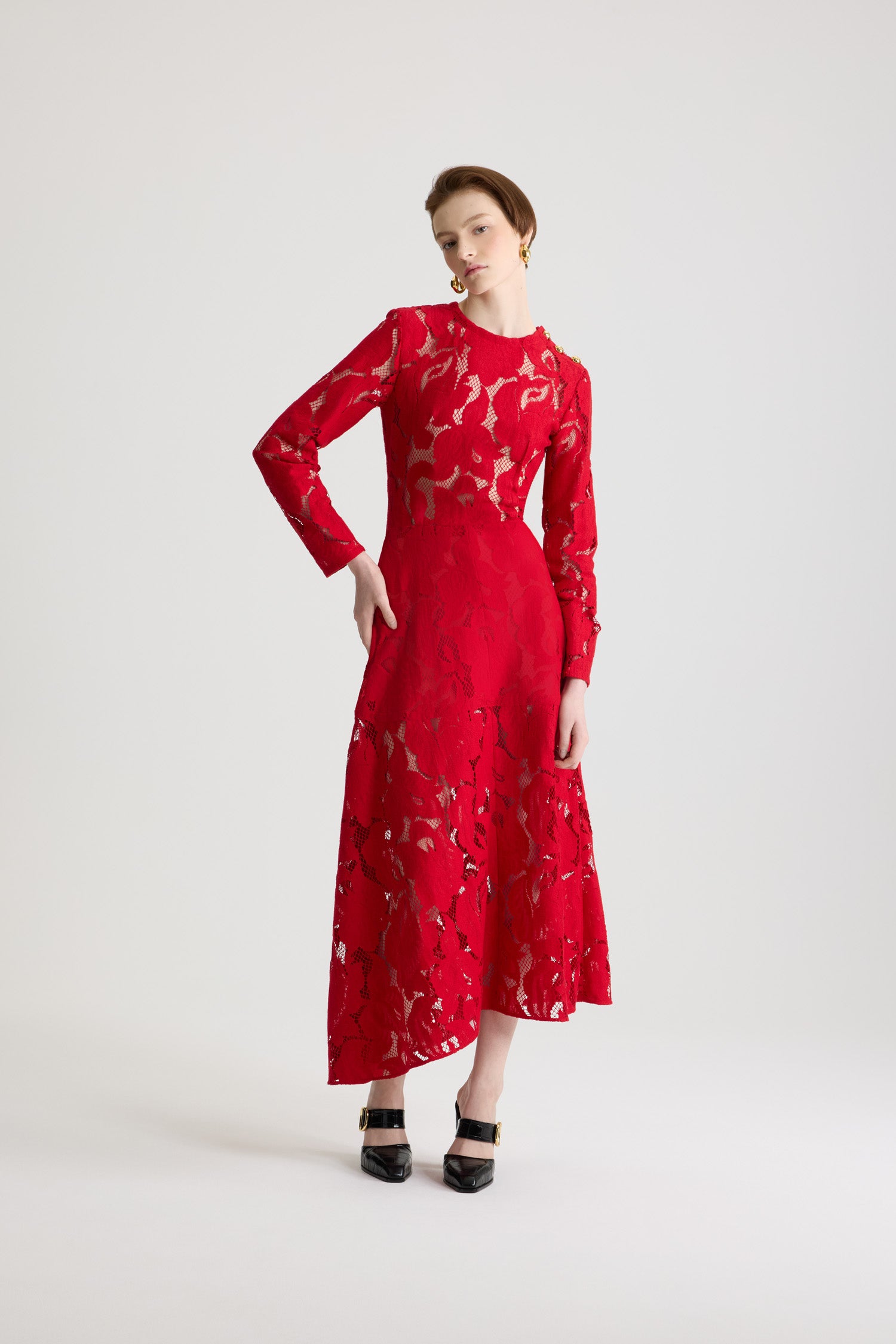 Patou DR212 robe midi asymétrique dentelle rouge babylone