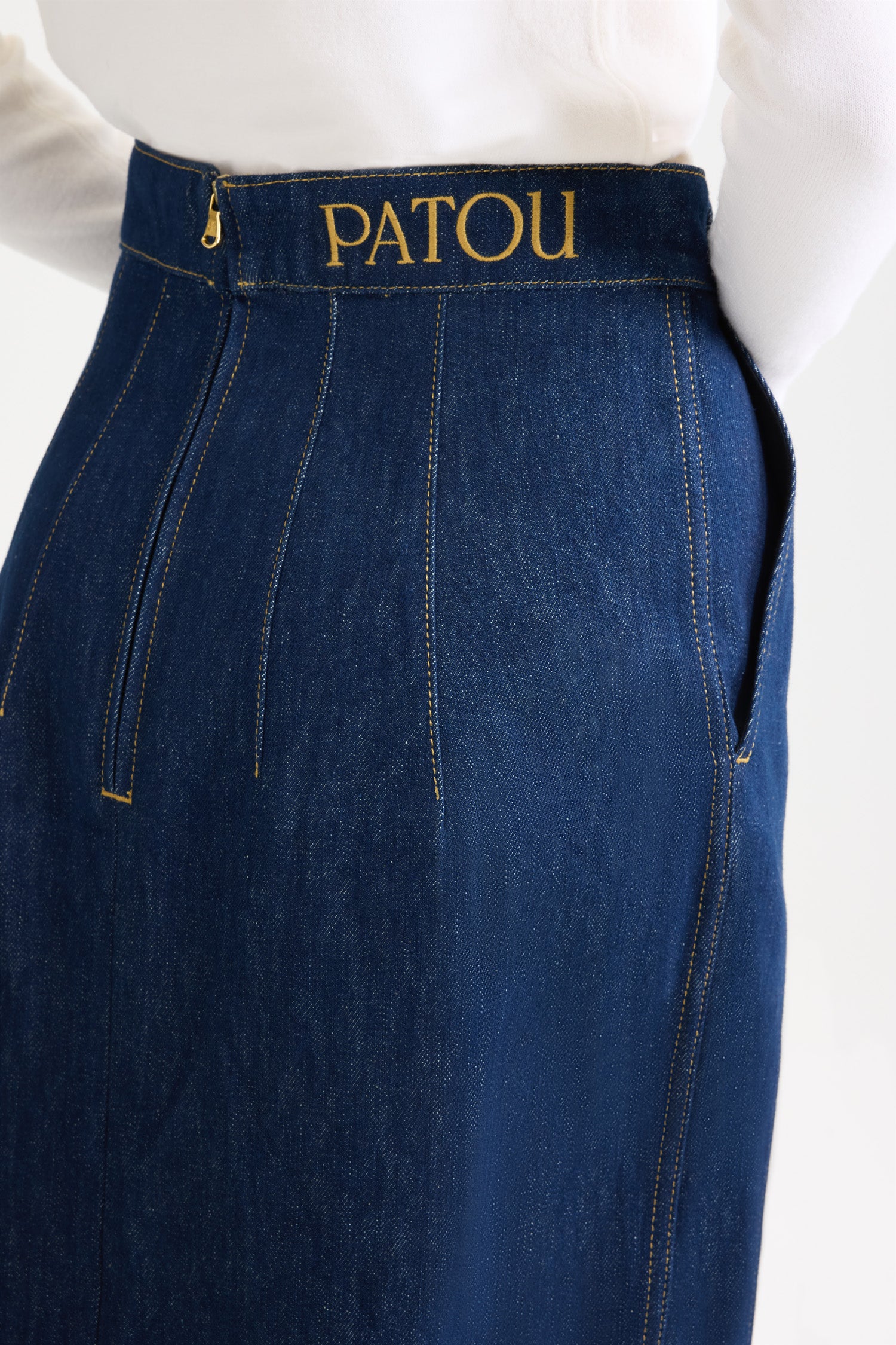 Patou SK050 jupe midi denim fendue rodeo blue