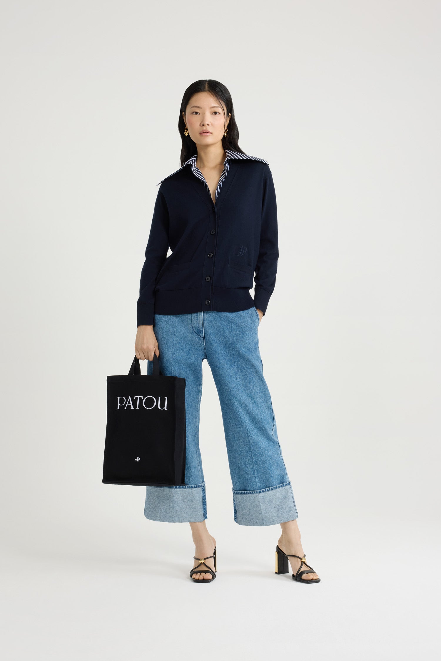Patou Knitwear cardigan coton col popeline bleu marine XS