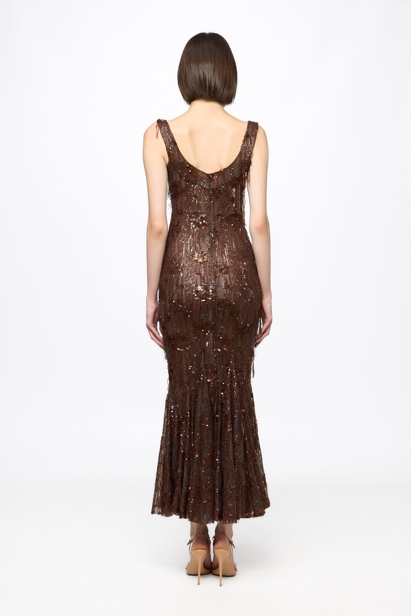 ATU Body Couture Sequins and Feathers robe longue sirène marron taille S