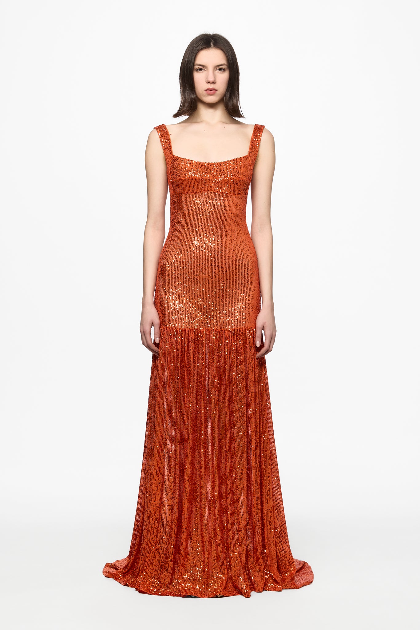 ATU Body Couture Sequins and Feathers robe maxi orange plumes taille S