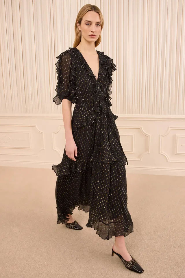 Ulla Johnson Tida Robe soie Noir midi manches courtes volants