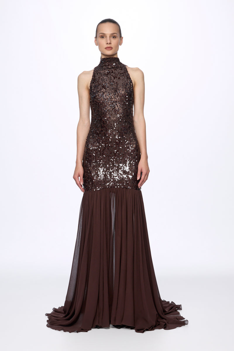ATU Body Couture robe longue sequins marron col montant dos ouvert