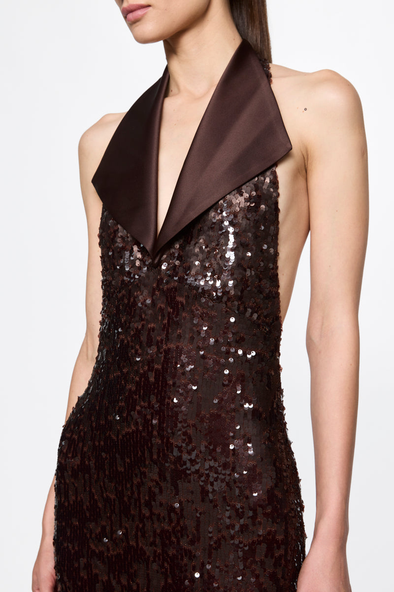 ATU Body Couture robe midi marron sequins col satin
