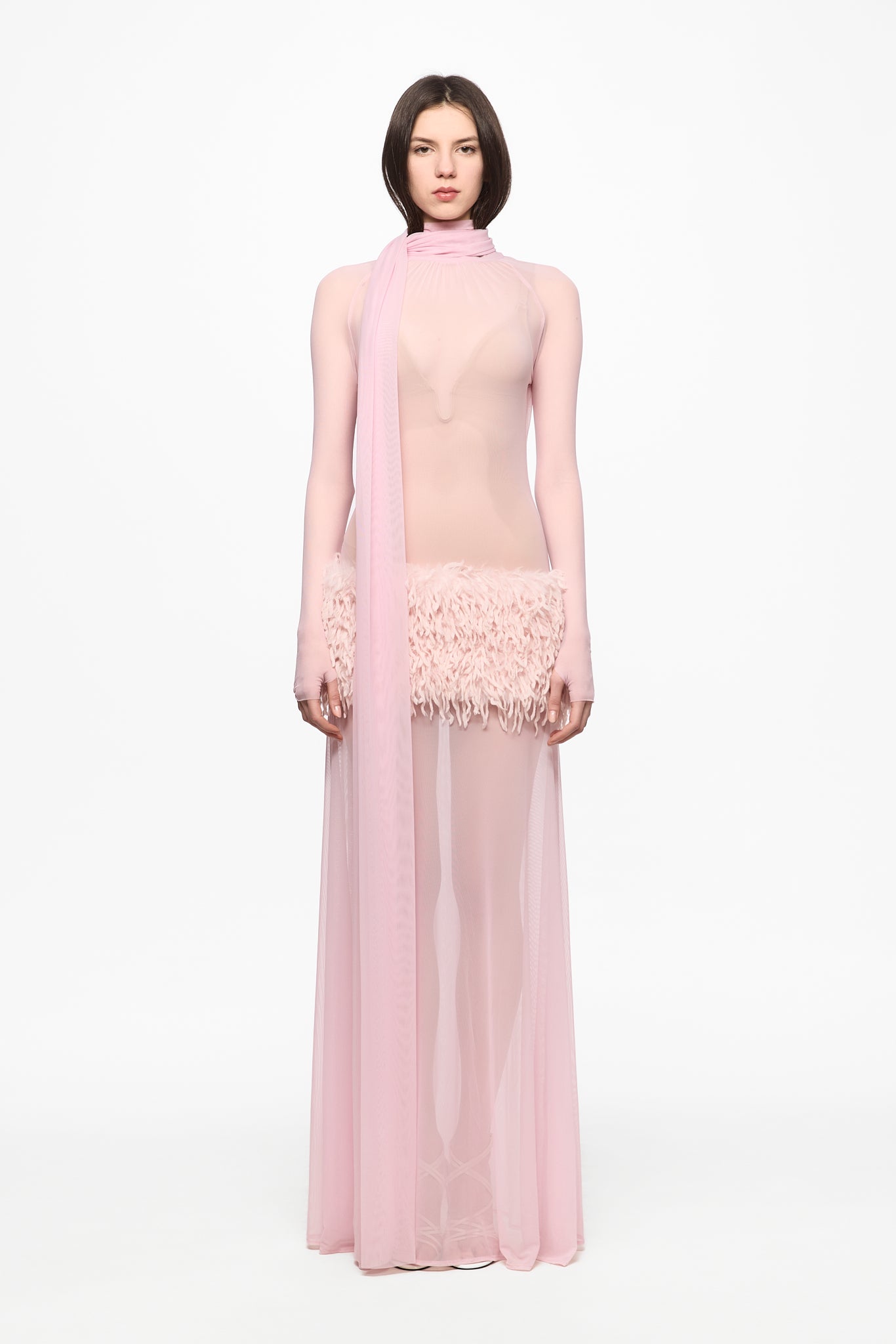 ATU Body Couture robe maxi rose plumes manches longues S