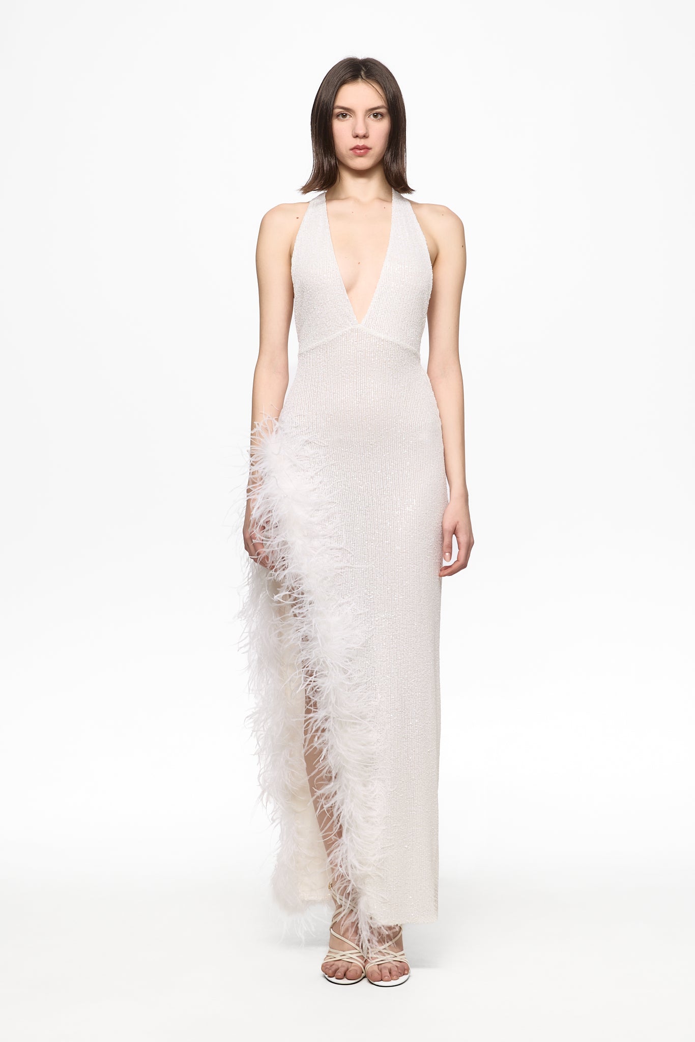 ATU Body Couture Sequins Feathers robe sequins blanche taille S