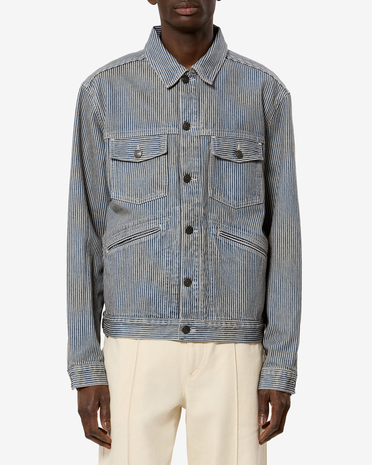 Isabel Marant Jango veste denim rayé bleu-blanc droite