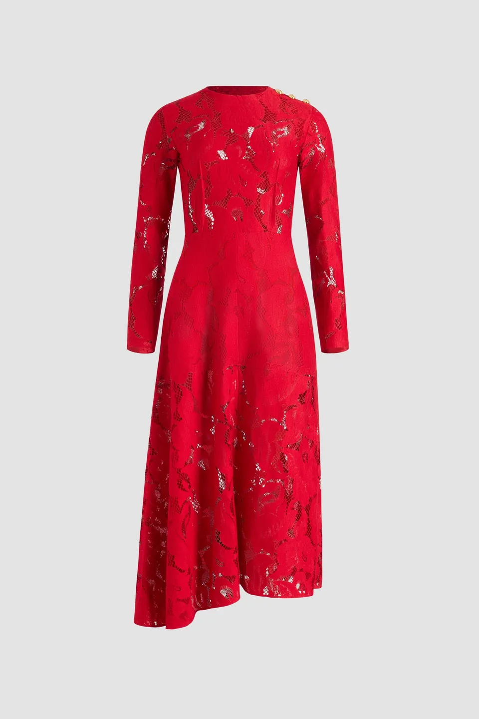 Patou DR212 robe midi asymétrique dentelle rouge babylone