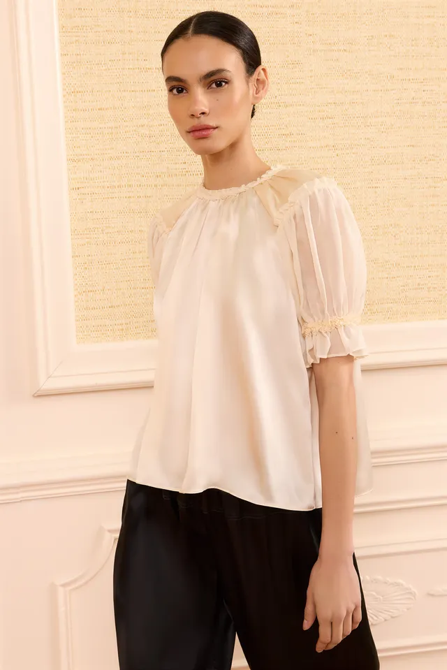 Ulla Johnson Alina top soie Ivory manches bouffantes