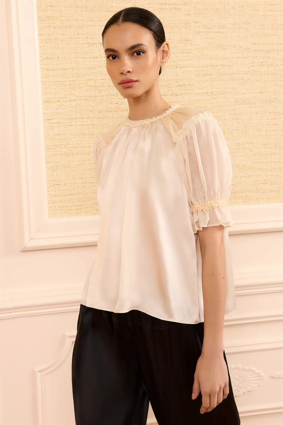 Ulla Johnson Alina top soie Ivory manches bouffantes