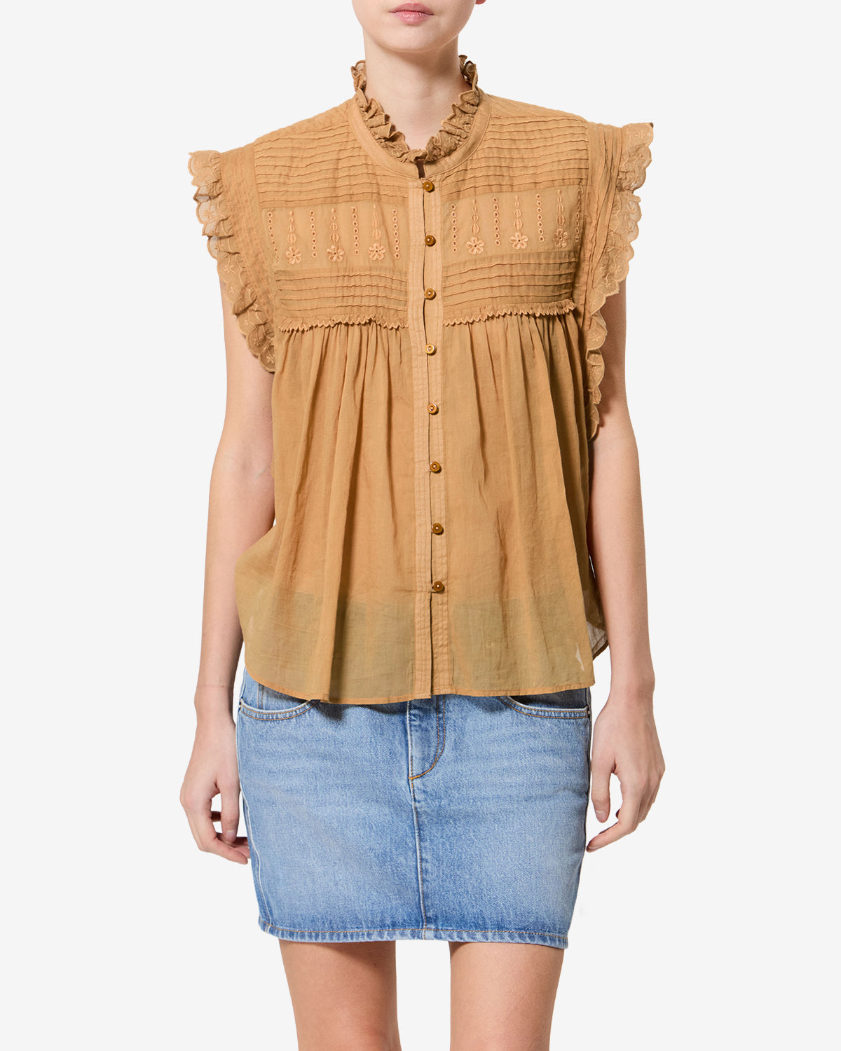 Isabel Marant Dersia top caramel voile coton brodé