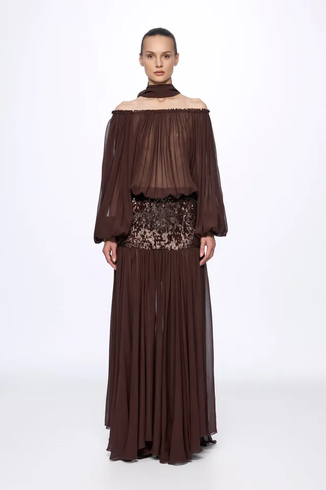 ATU Body Couture robe Sequin off-shoulder marron soie longue