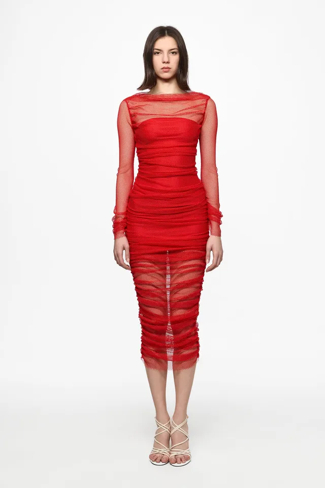 ATU Body Couture Fishnet robe midi résille rouge drapée
