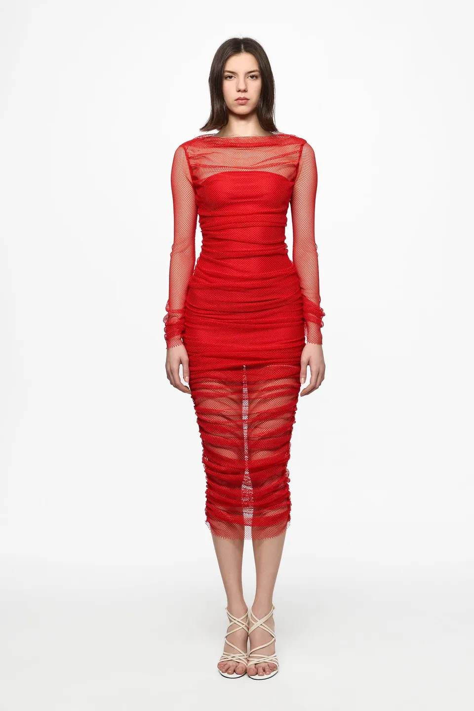 ATU Body Couture Fishnet robe midi résille rouge drapée
