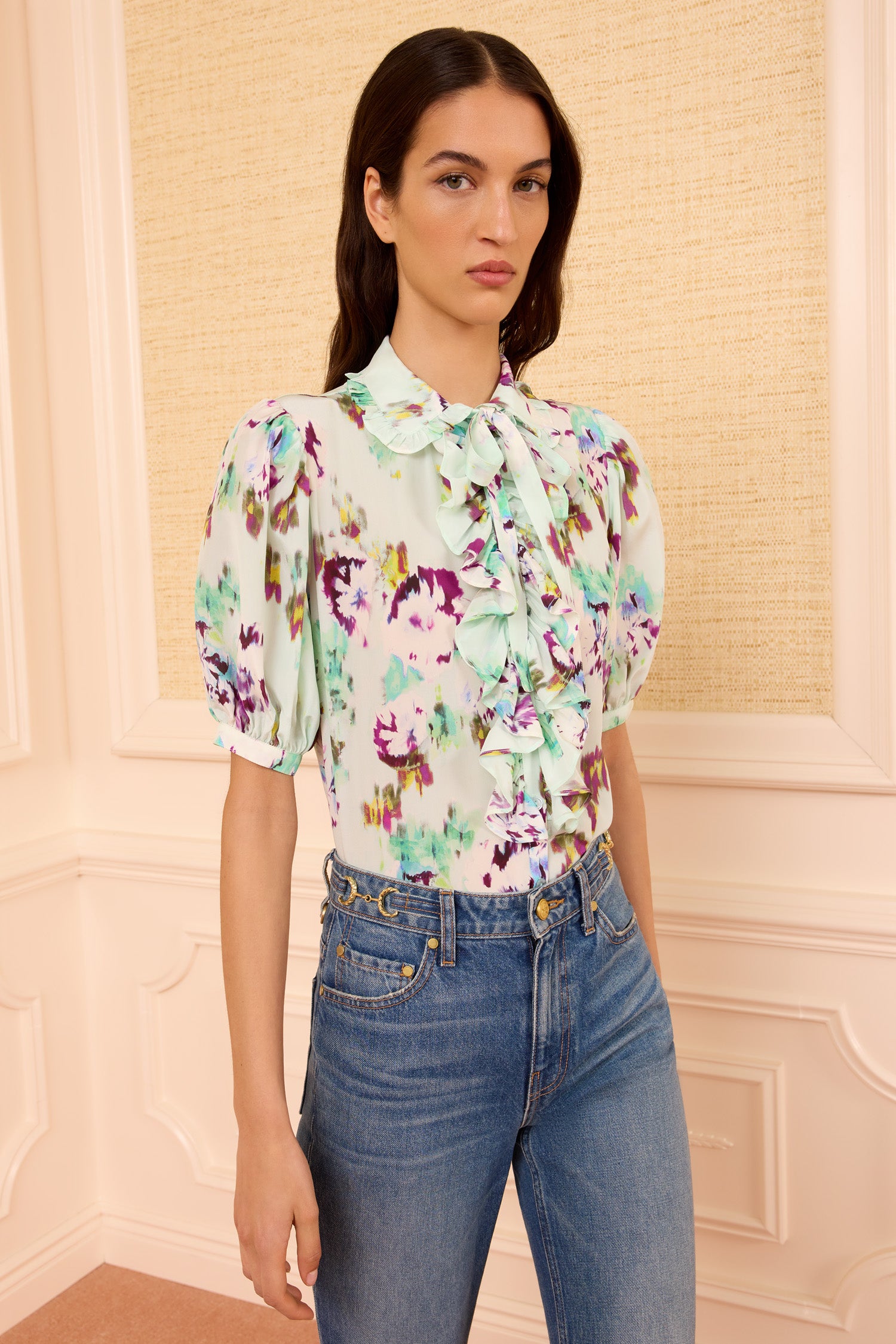 Ulla Johnson Camellia top soie Oasis vert manches courtes