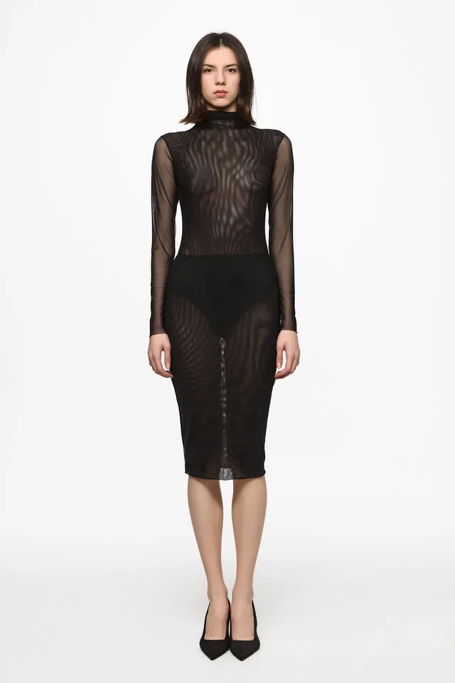 ATU Body Couture Two-piece Black mesh bodysuit skirt ensemble noir