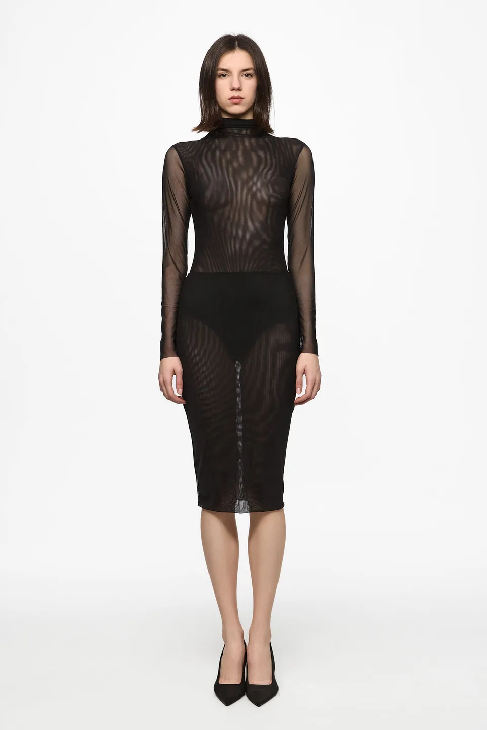 ATU Body Couture Two-piece Black mesh bodysuit skirt ensemble noir