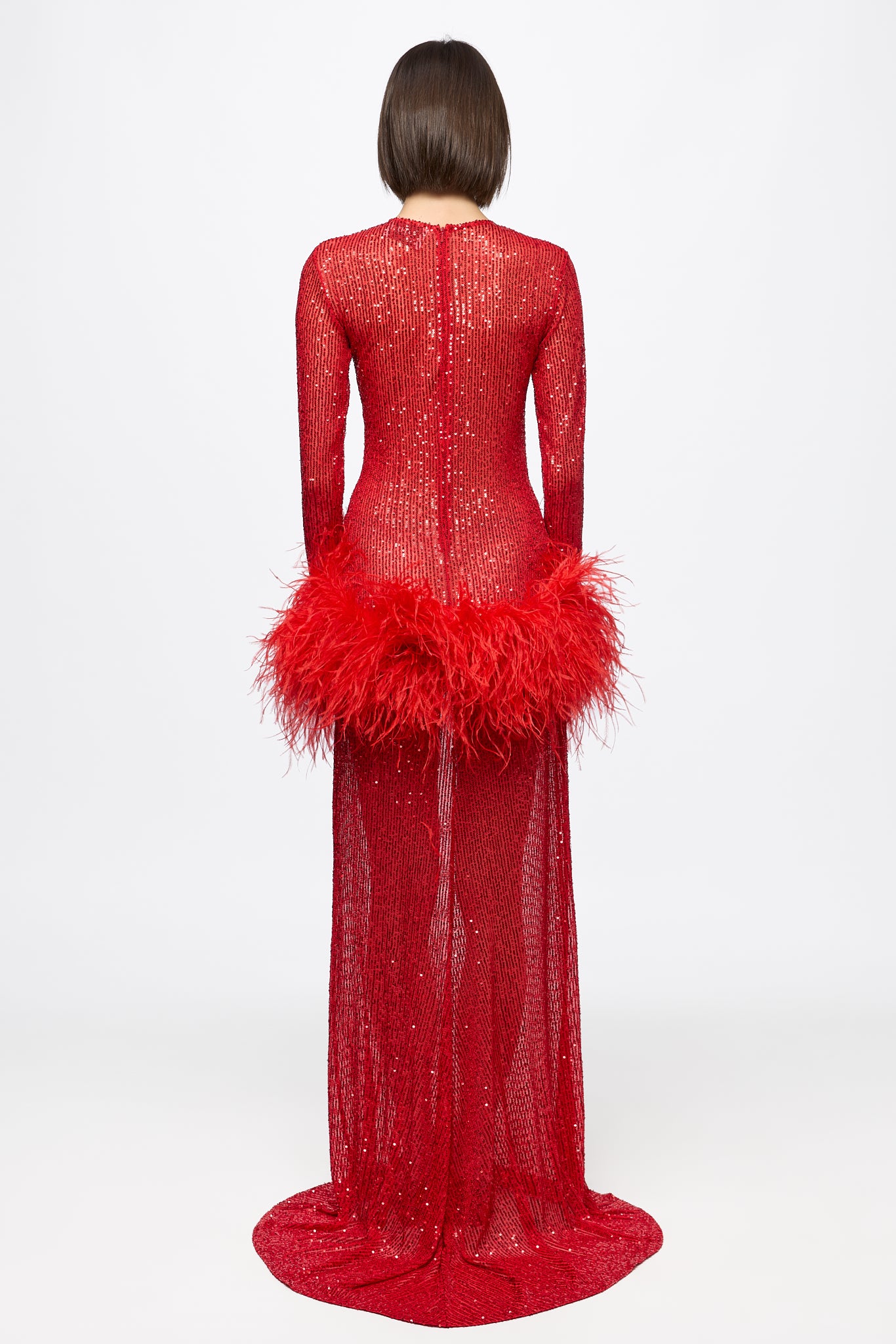 ATU Body Couture High Neck Sequin robe plumes rouge taille S