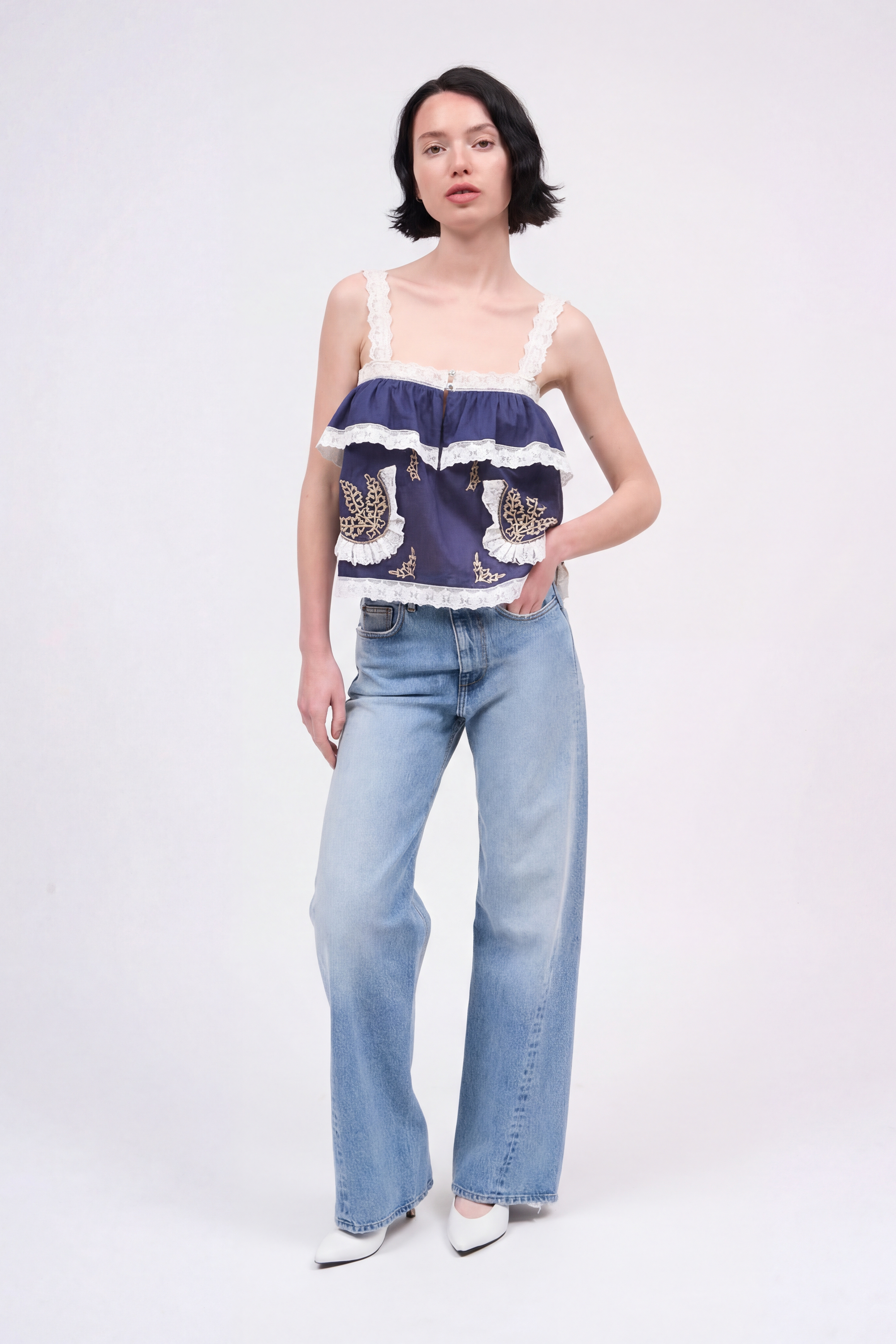 Paul & Joe Top Tylian mousseline coton brodé Marine