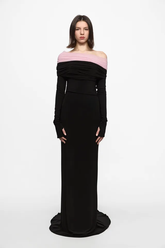 ATU Body Couture Crown robe longue noire tulle rose S