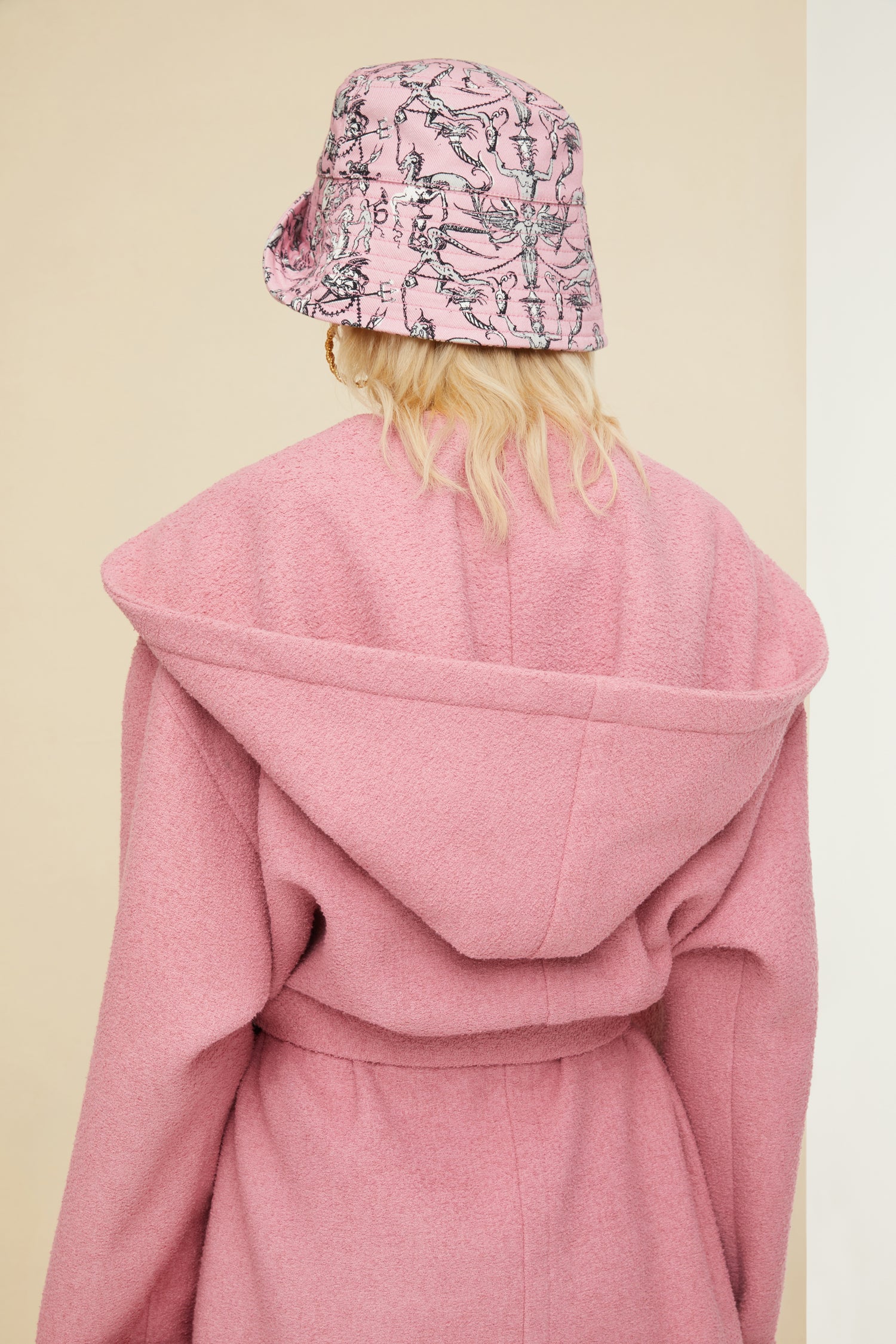 Patou CO012 manteau robe bouclé coton rose antique ceinture