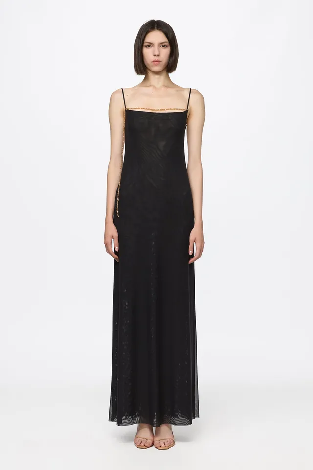 ATU Body Couture robe slip tulle longue cristaux dorés