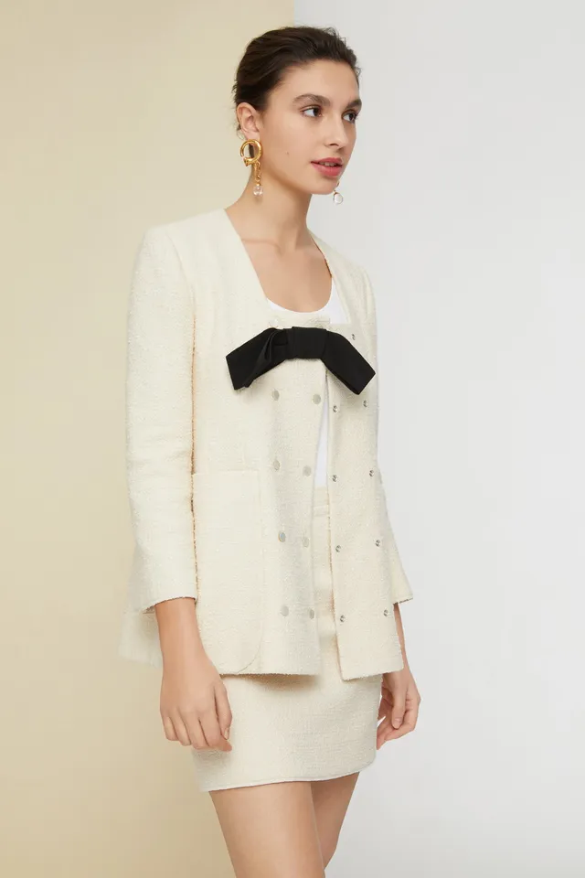 Patou E20JA010 veste tweed coton sable noeud taille 38