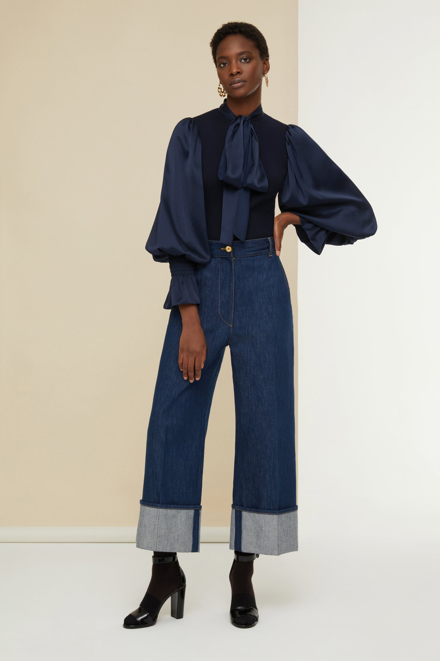 Patou BL014 blouse satin laine Marine manches bouffantes