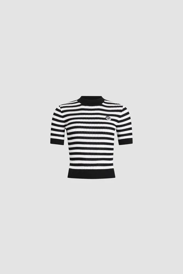 Patou Pull rayé côtelé coton Black White Stripes