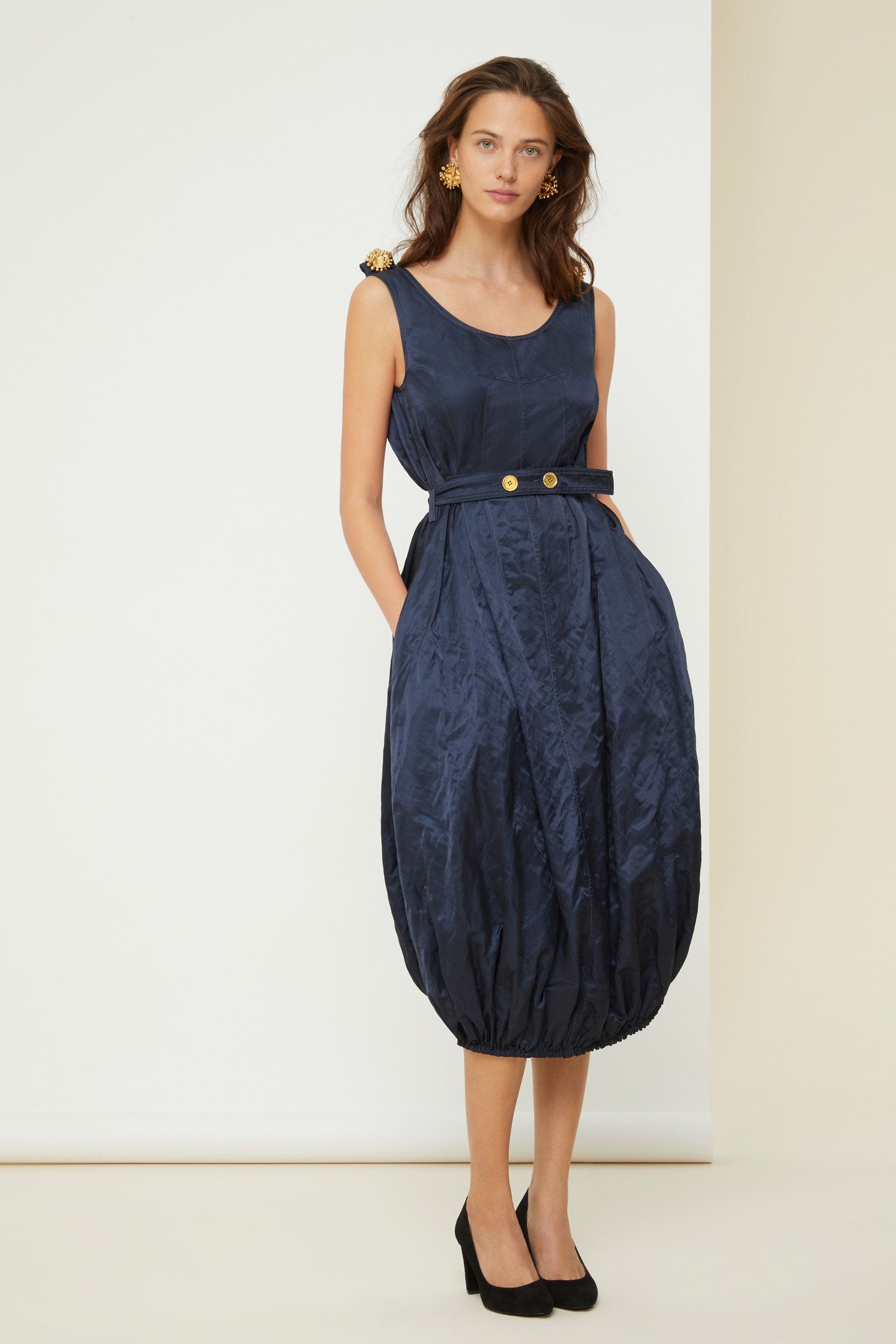 Patou Bubble hem dress robe bleue satin métal 34-44