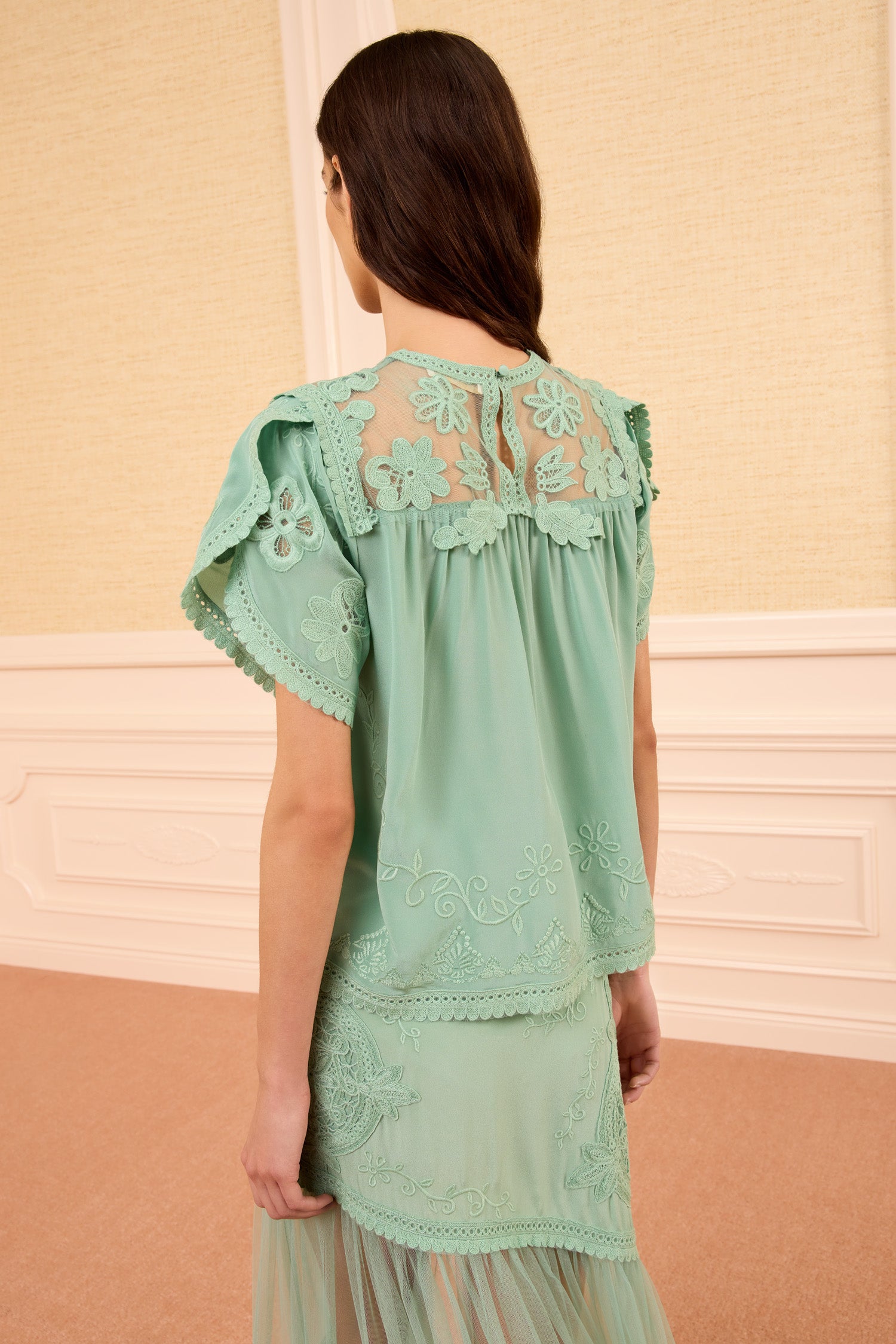 Ulla Johnson Alma Silk Top top soie vert dentelle