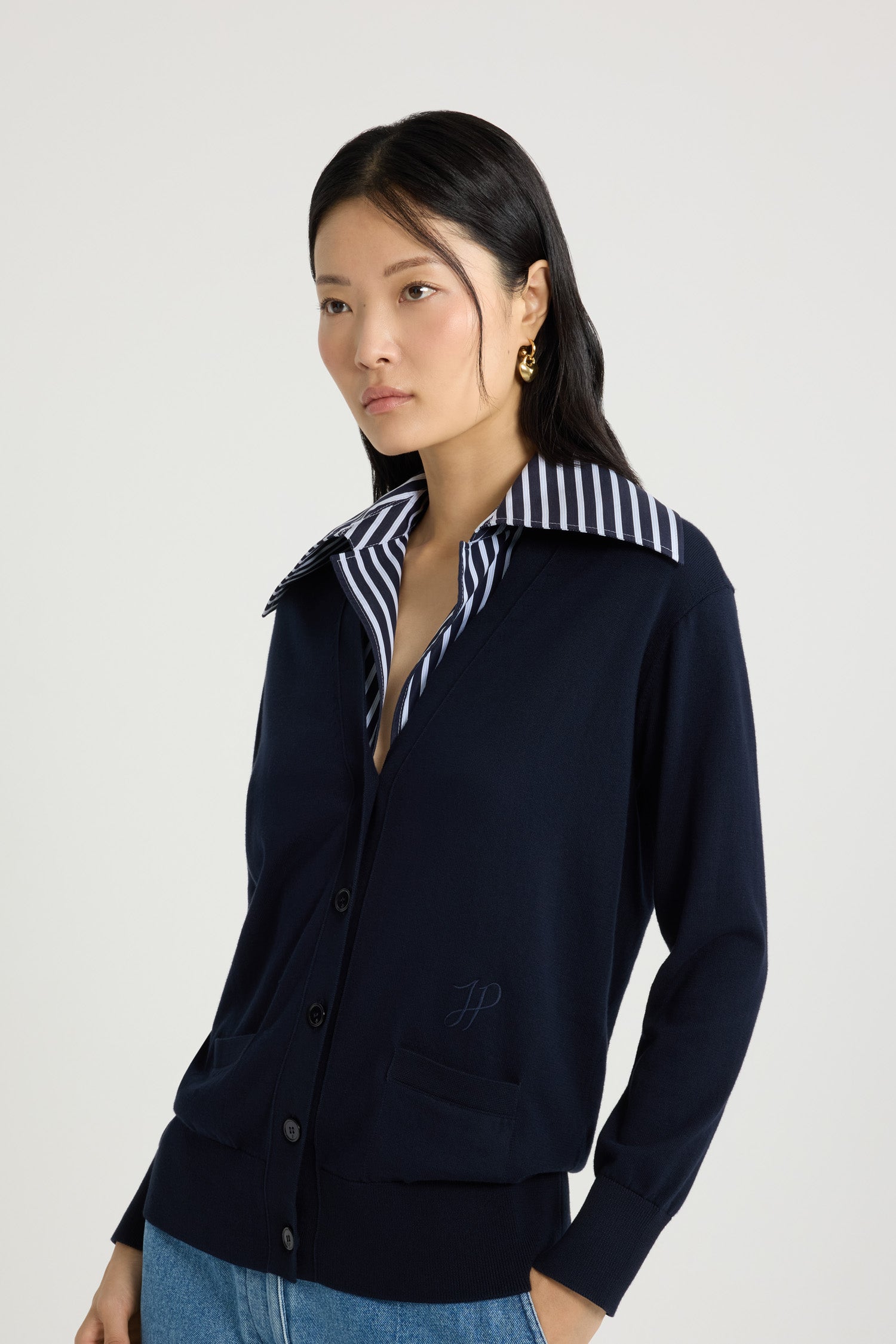 Patou Knitwear cardigan coton col popeline bleu marine XS