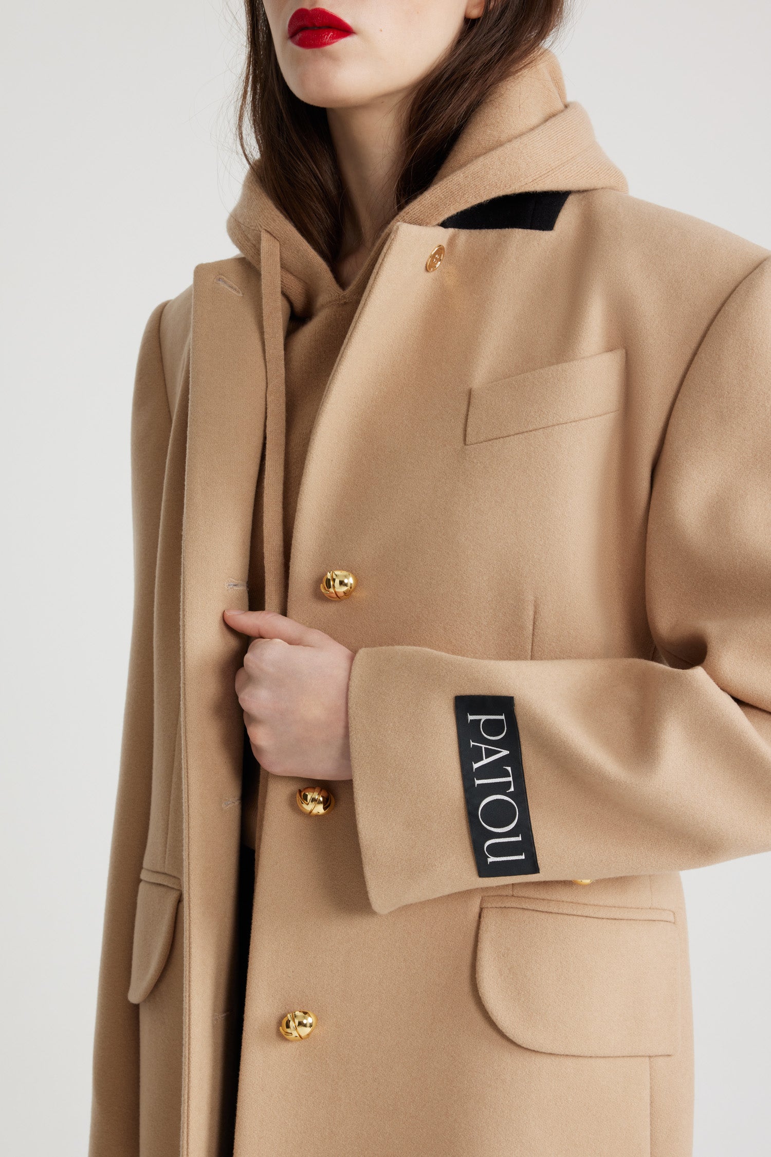 Patou CO024 manteau laine cachemire Beige long droit ceinturé