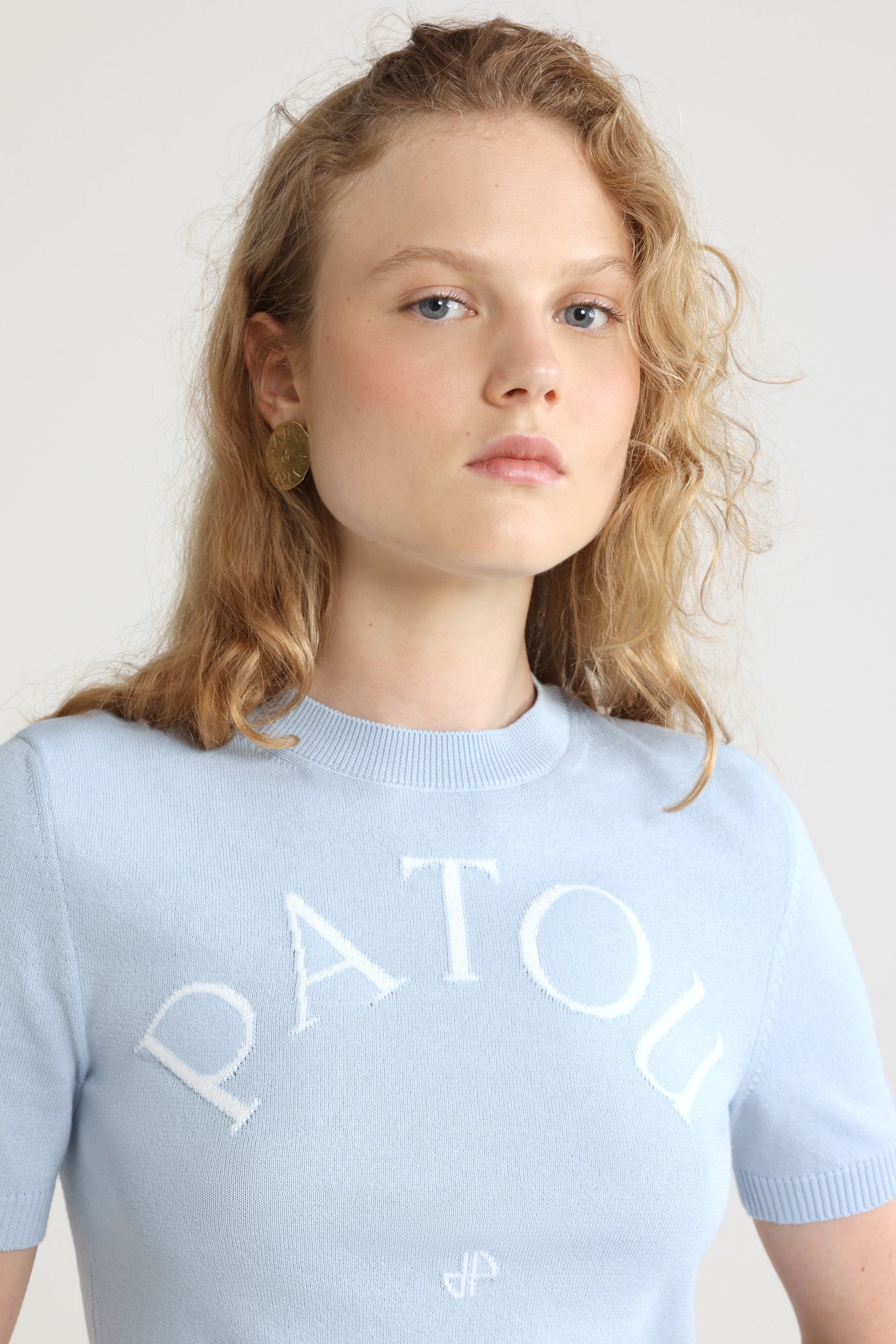 Patou Knitwear KN068 top jacquard coton bleu Skylight