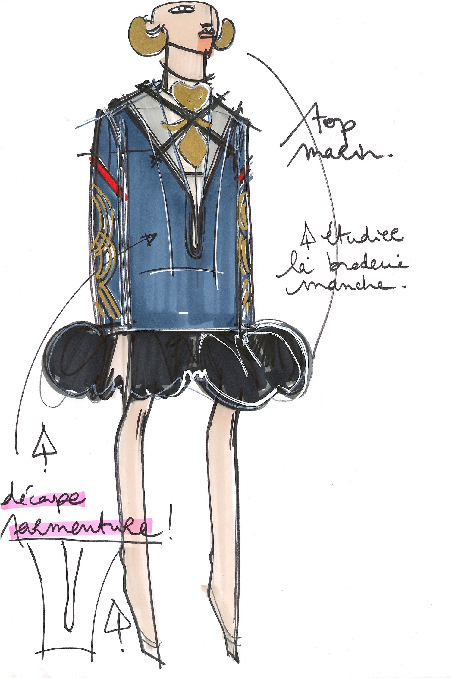 Patou OU004 tunique sailor laine cachemire navy brodée