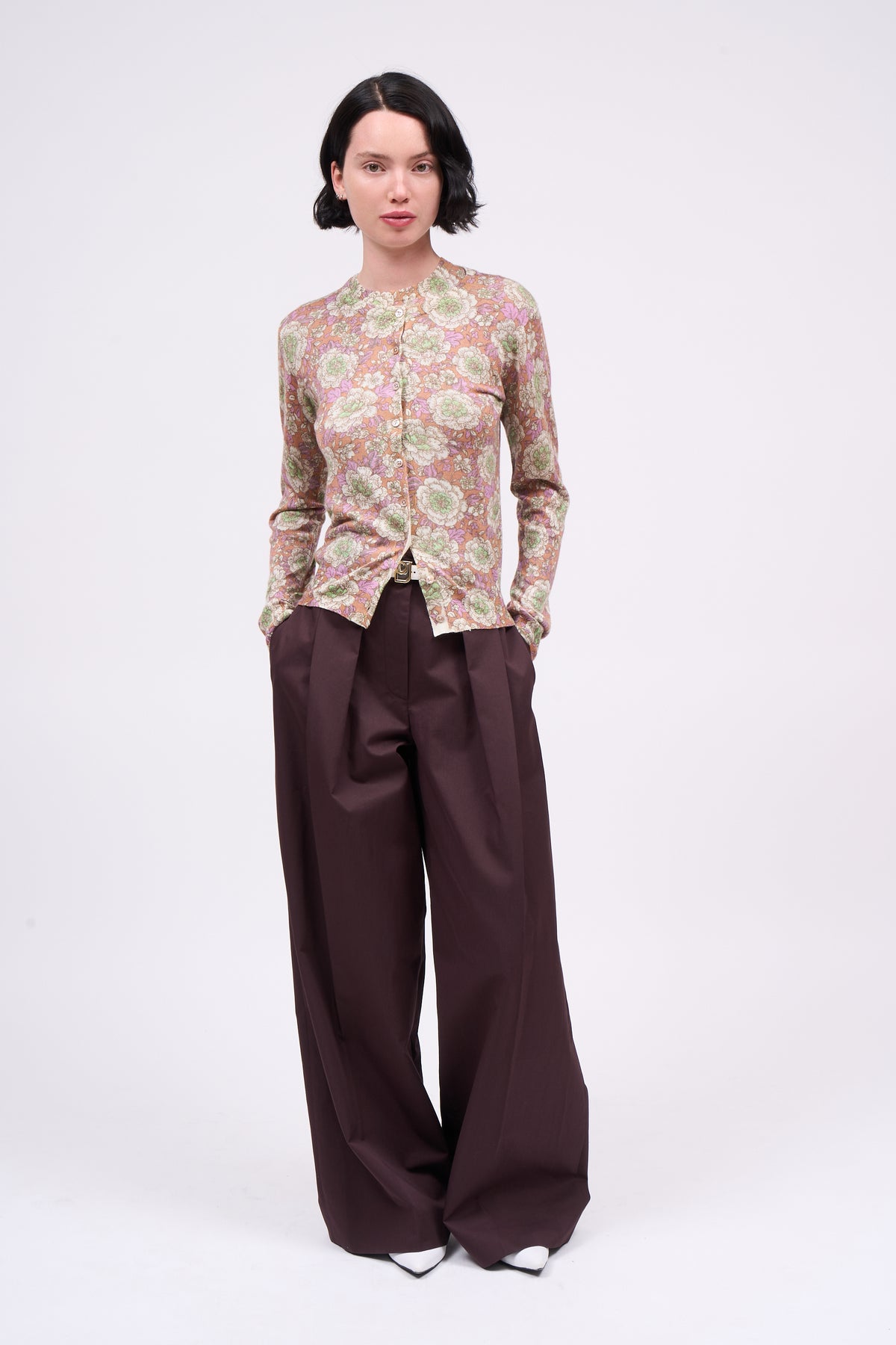 Paul & Joe Myosotis cardigan cachemire soie imprimé pivoines
