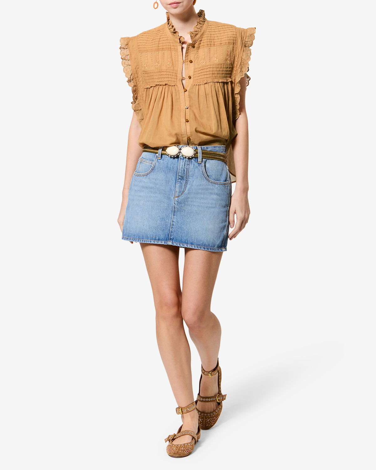 Isabel Marant Dersia top caramel voile coton brodé