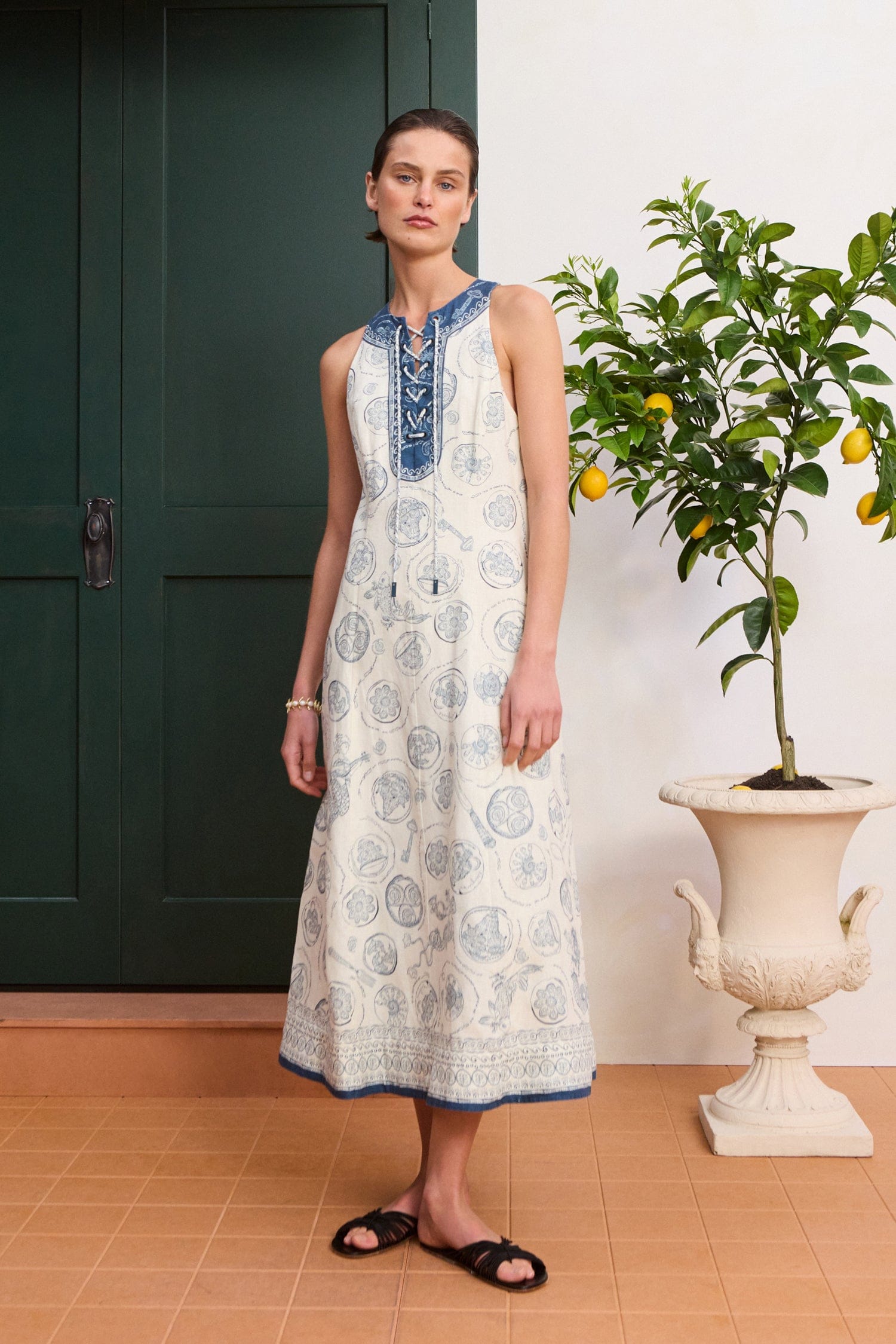 Alemäis Lucky robe midi en lin laçage imprimé nautique
