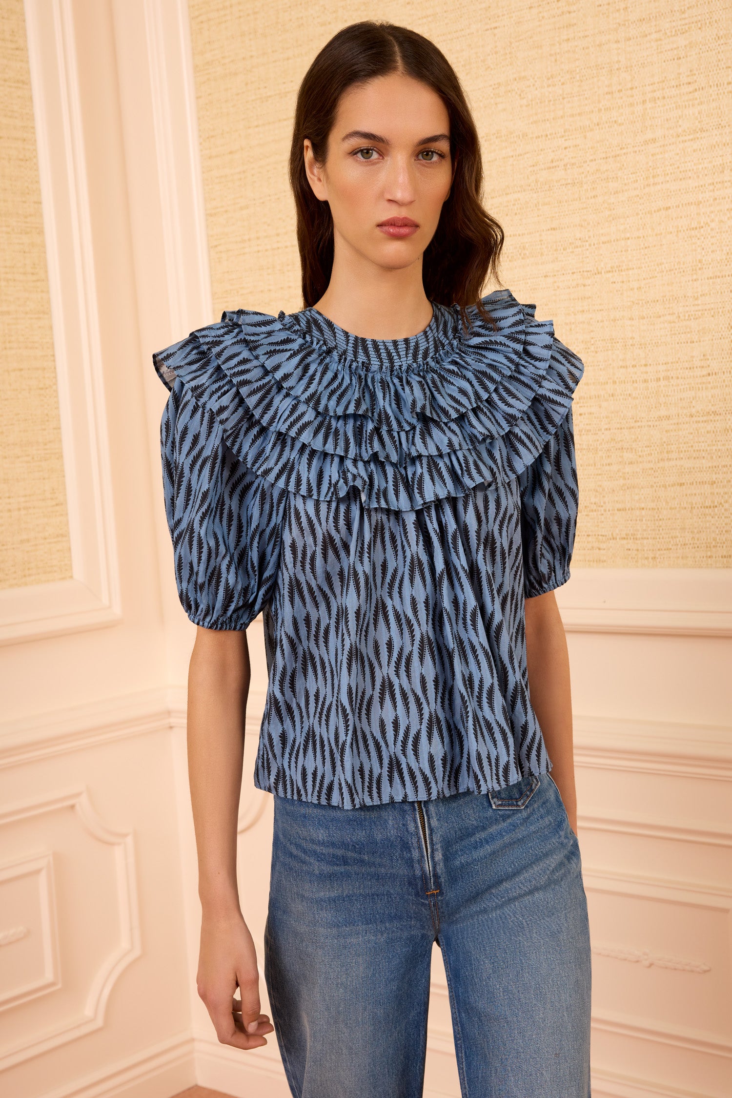 Ulla Johnson Mira haut coton bleu Tidal manches bouffantes
