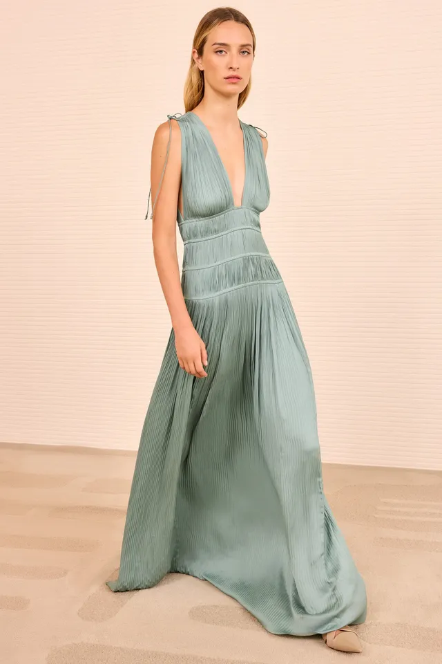 Ulla Johnson Tasneem robe satin Sea Glass col V longue