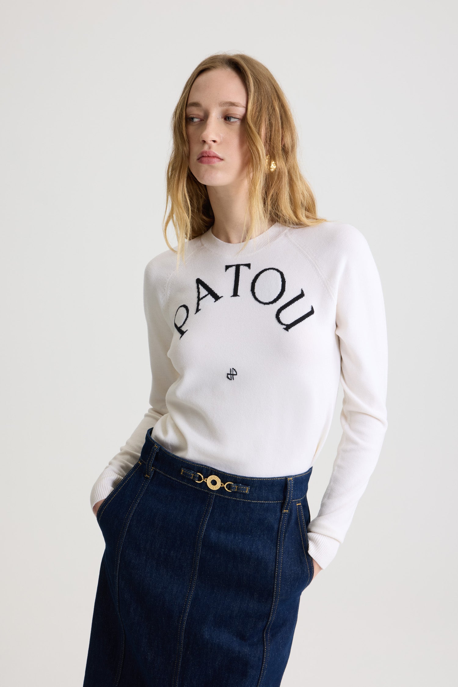 Patou H22KN1108045001W pull laine blanc col rond logo