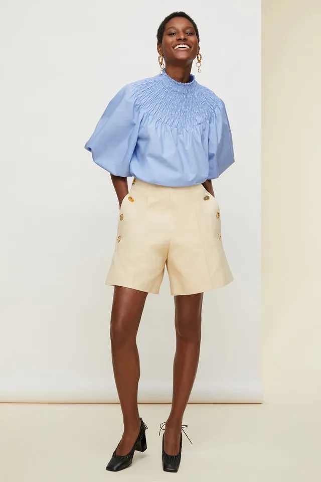 Patou P20TO0040017620B top court bleu coton smocké
