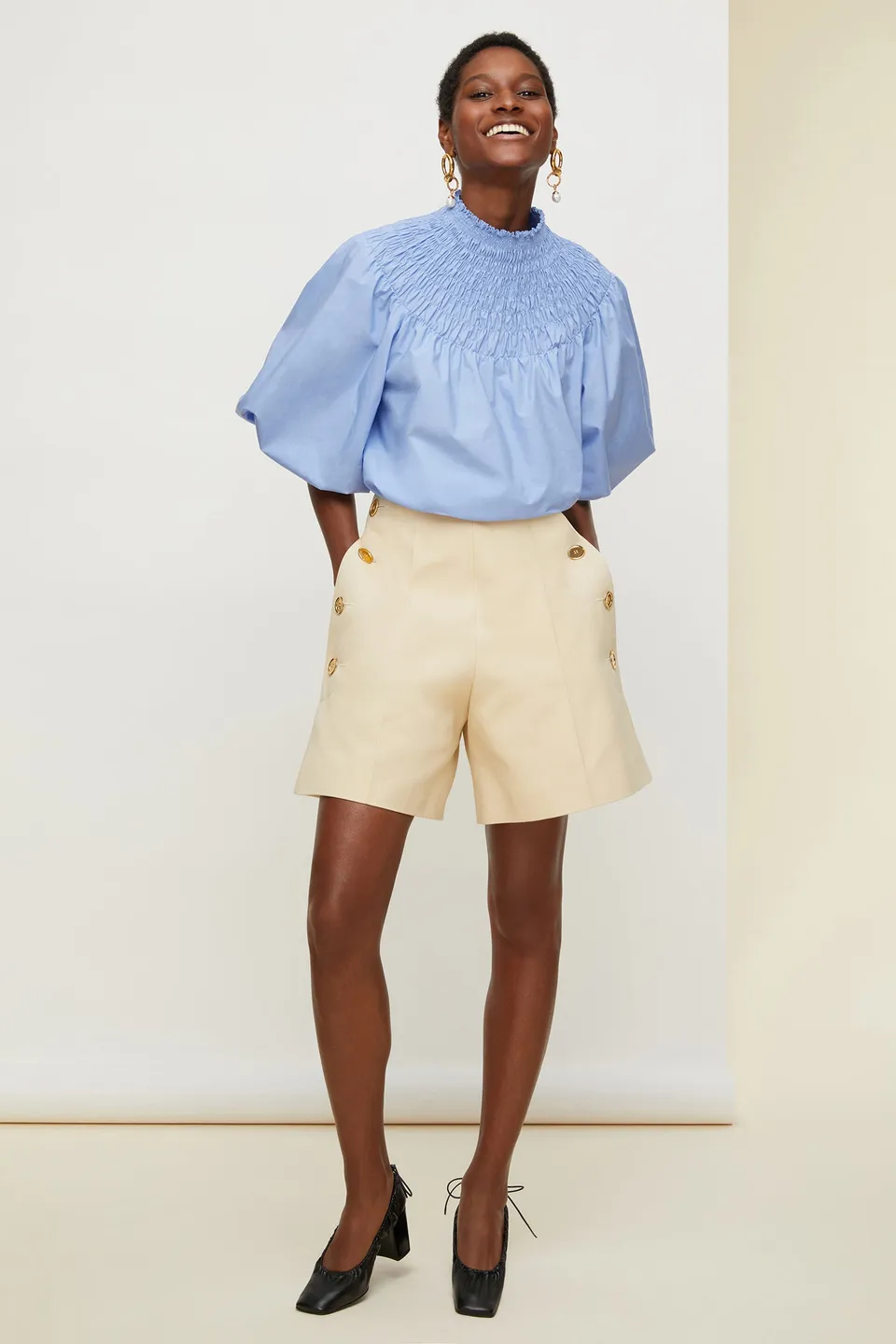 Patou P20TO0040017620B top court bleu coton smocké