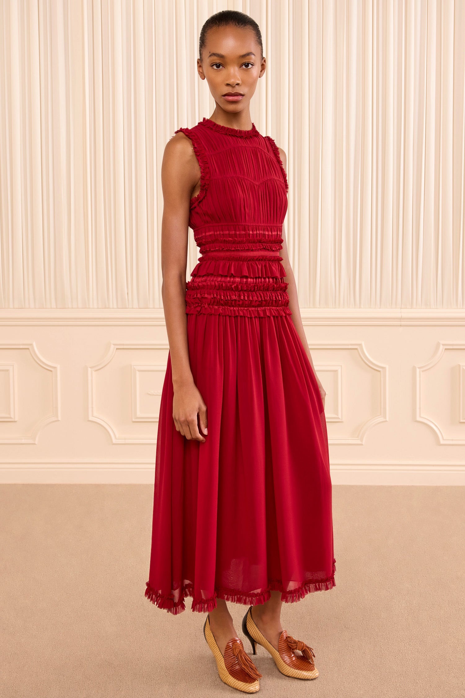 Ulla Johnson Etta FA260126 robe midi soie rouge Cerise