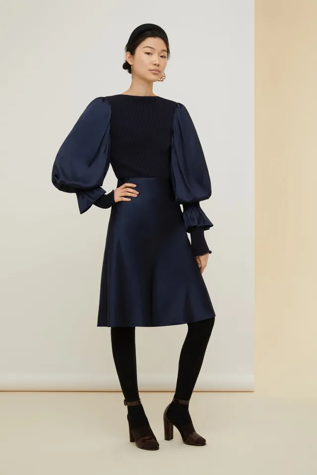 Patou DR0800089699N robe satin marine 38 manches bouffantes